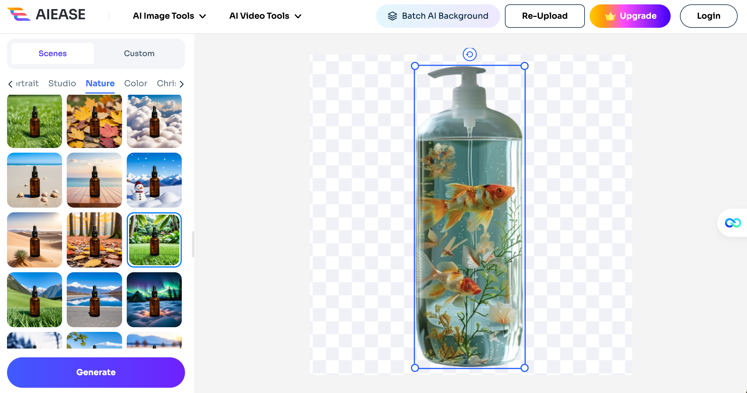 AI Ease customization interface showing a soap bottle mockup with adjustable placement and nature-themed background templates for AI-generated visuals.