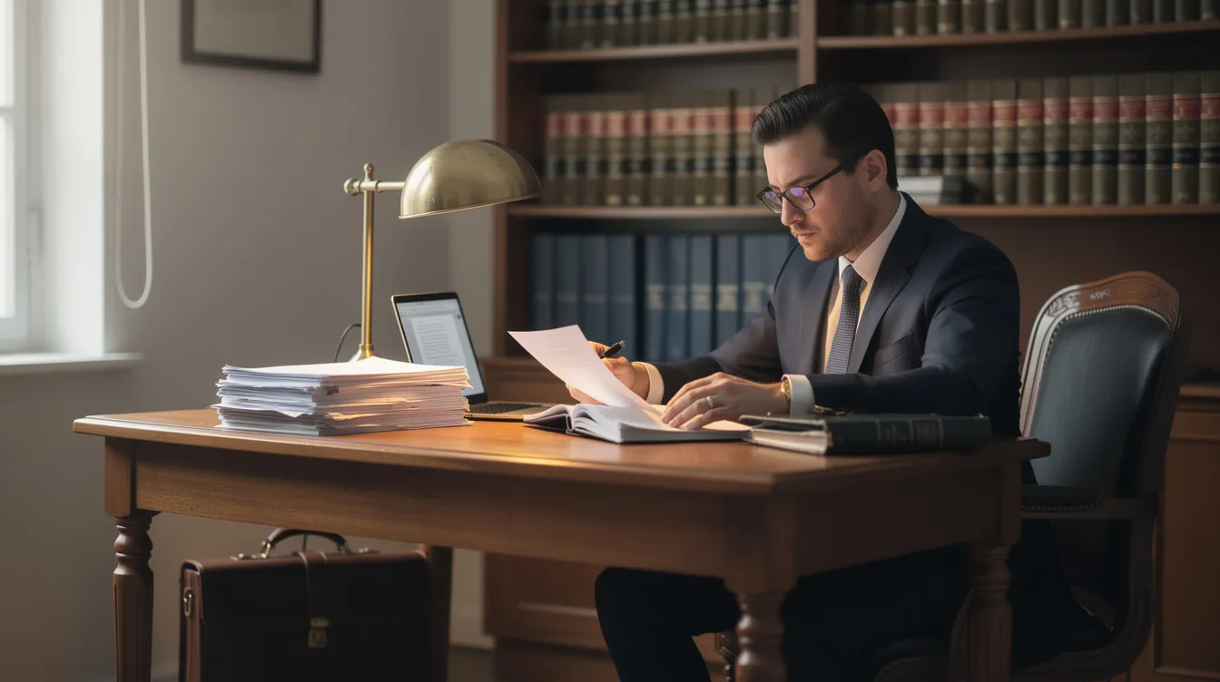 A professional attorney is seated at a desk in a small law office, meticulously reviewing documents related to motorcycle accident cases. The attorney appears focused and prepared to assist motorcycle accident victims in navigating the legal process to recover fair compensation for their injuries and medical expenses.