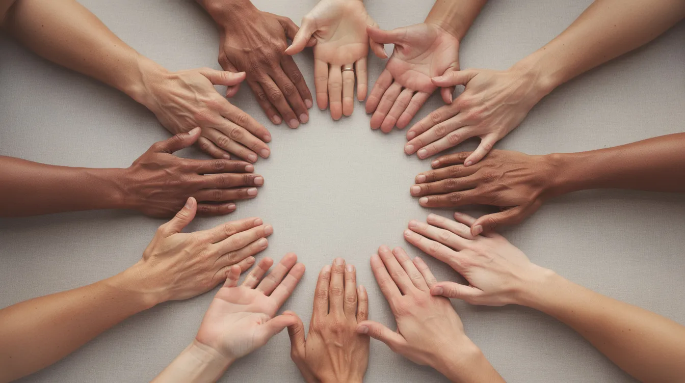 Aerial view of many hands of diverse skin tones joined together in a circle, symbolizing unity and community among individuals, reflecting the spirit of collaboration and support during the holiest day in the Jewish calendar, Yom Kippur.