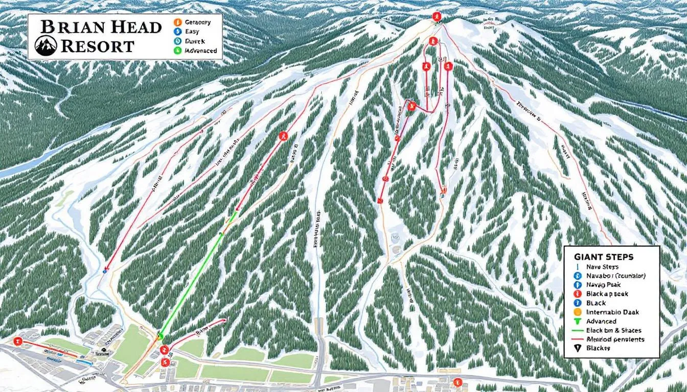 A detailed trail map of Brian Head Resort displays the interconnected Giant Steps and Navajo Peak mountains, featuring color-coded runs that indicate various skill levels for skiing and snowboarding. The map serves as a guide for visitors to navigate the slopes and enjoy the winter activities offered at this popular ski resort in southern Utah.