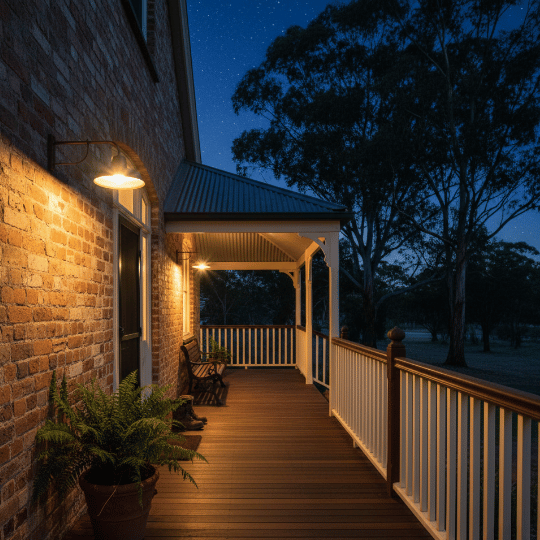 Gooseneck barn wall light casting downward light on a brick porch wall.