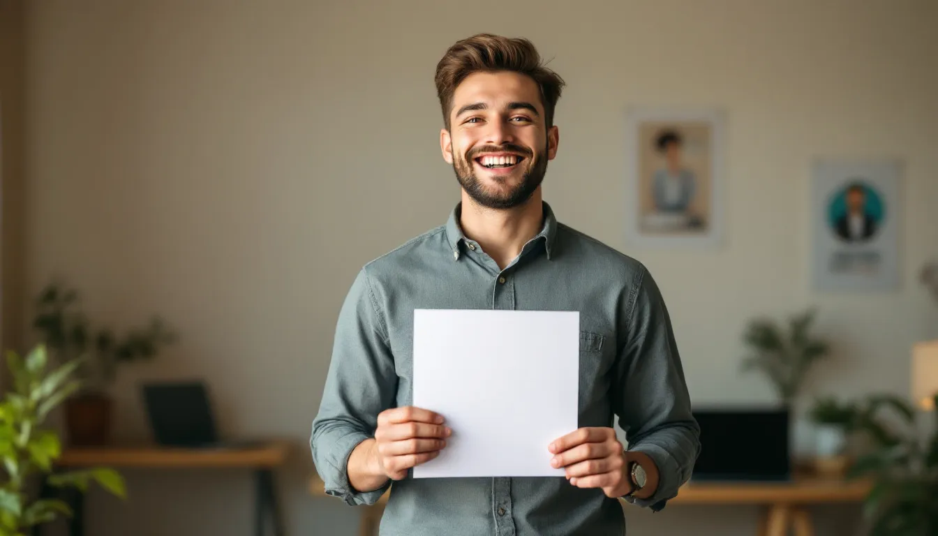 A young fresher joyfully holds his first job offer, showcasing the triumph of overcoming challenges in the job search despite having no prior experience. His expression reflects the pride of hard work and determination, embodying the excitement of starting a new career path and gaining the necessary skills for entry-level positions.