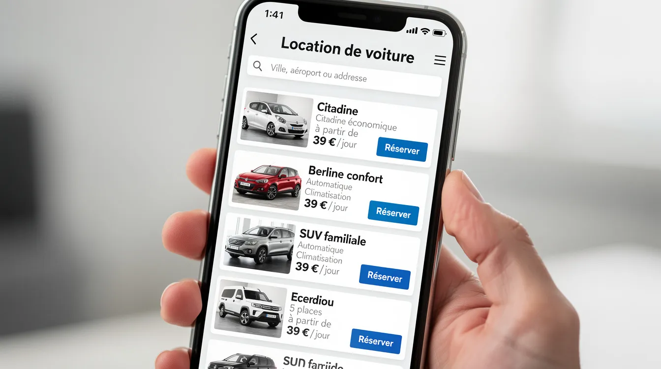 L'image montre un écran de smartphone affichant une application de location de voitures avec une liste de véhicules disponibles, incluant des options pour louer une voiture à Agadir. On peut y voir des détails sur les tarifs, les agences de location, ainsi que des filtres pour affiner la recherche selon les besoins des voyageurs.