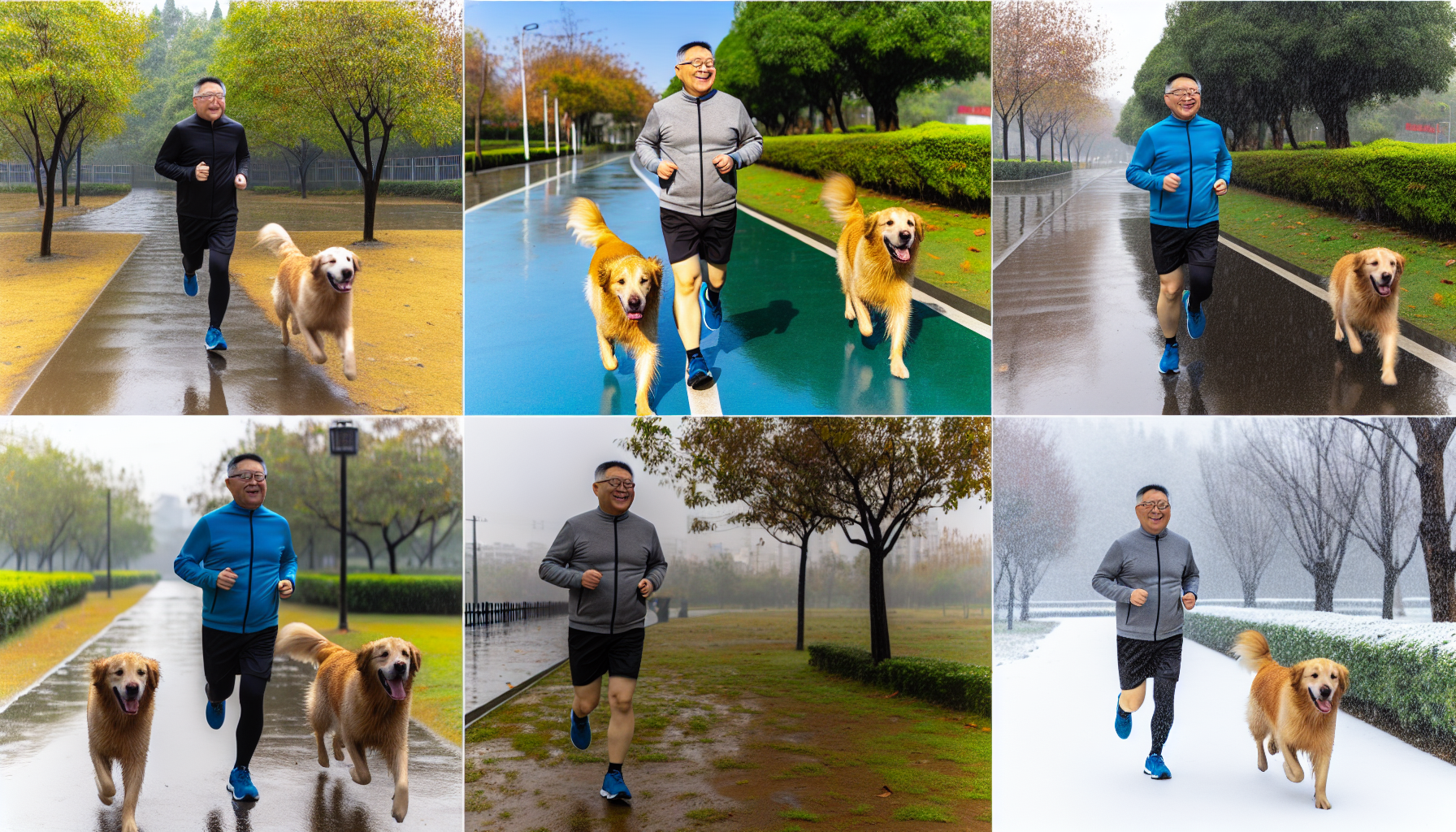Running with a dog in different weather conditions