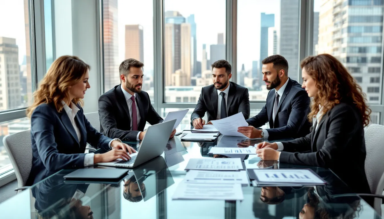 In a professional business meeting, potential business buyers, including representatives from private equity firms, are gathered around a conference table reviewing acquisition documents such as financial statements and cash flow statements. The atmosphere is focused as they discuss the sale process and evaluate the opportunities for business acquisitions.