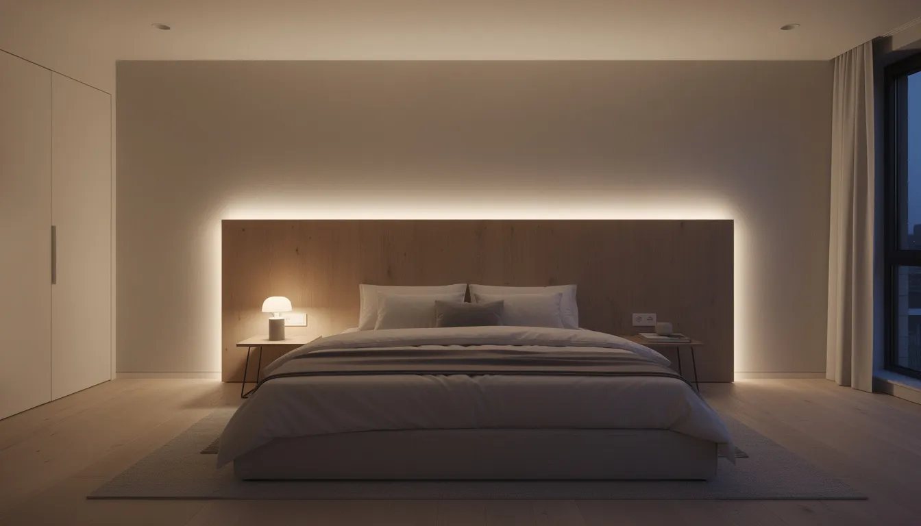 Een moderne slaapkamer met een houten wandpaneel als hoofdbord, verlicht door indirecte LED-strips die een sfeervolle ambiance creëren. Het wandpaneel voegt een stijlvolle uitstraling toe aan de ruimte en past perfect bij de eigentijdse inrichting.