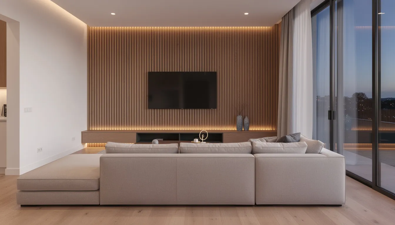Een moderne woonkamer met een strakke houten lattenwand achter een grote flatscreen televisie, die zorgt voor een stijlvolle uitstraling. De zachte verlichting en luxe hoekbank creëren een gezellige sfeer in deze opgeruimde woonruimte.