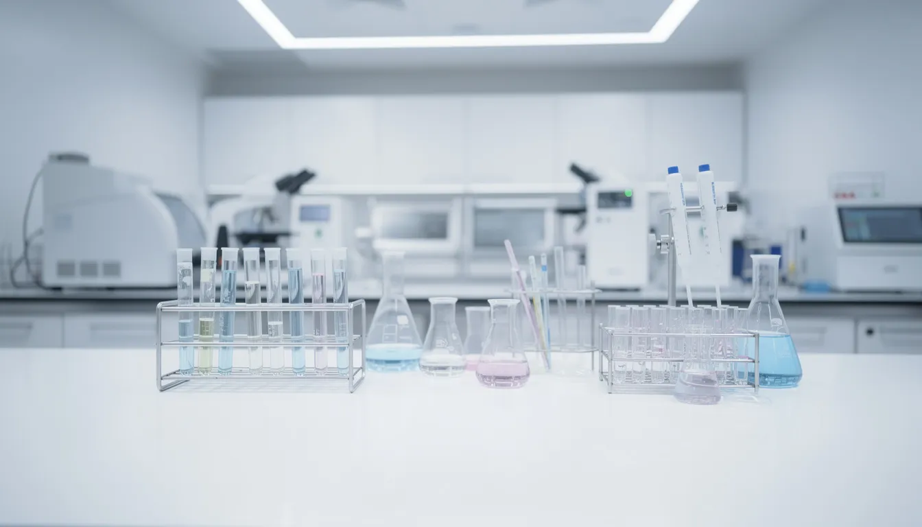 The image depicts a clean laboratory counter filled with various test tubes and scientific equipment, highlighting an environment focused on clinical research related to cellular health and mitochondrial function. This setting is ideal for studying NAD precursors, such as NMN and NR, which are crucial for boosting NAD levels and promoting healthy aging.