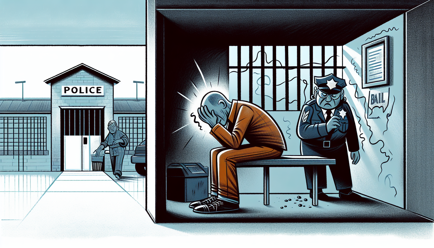 An illustration showing the immediate consequences of not paying a bail bond, such as a person in jail and a worried family member.