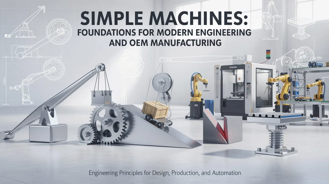 The image depicts various simple machines, including a lever, pulley, and inclined plane, illustrating their mechanical advantage in lifting heavy objects. These classical simple machines serve as foundational tools in engineering, showcasing how they can multiply force and make tasks easier through basic mechanical systems.