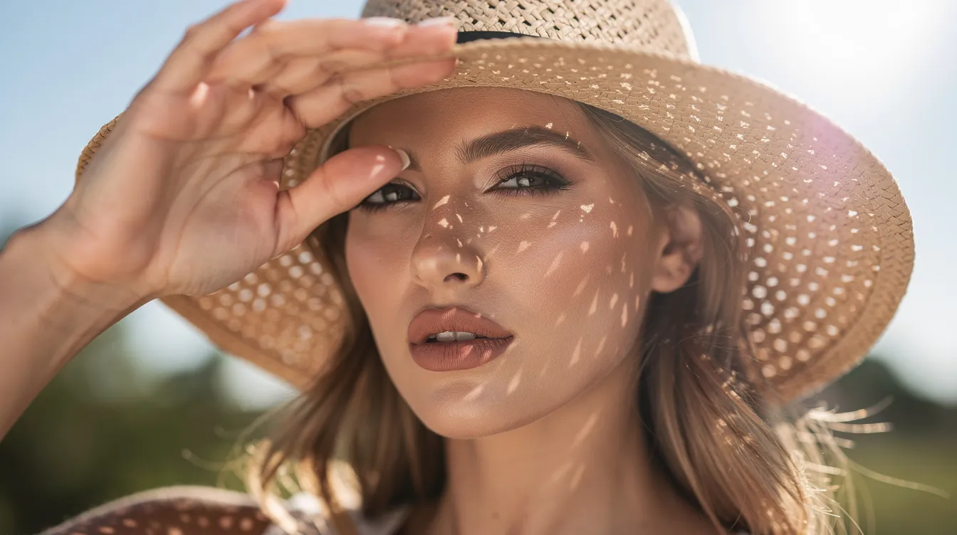 A woman is shielding her face from bright sunlight while wearing a wide-brimmed straw hat outdoors, showcasing the importance of sun protection to prevent worsening melasma and protect the surrounding skin from UV exposure. The scene highlights a common strategy for managing skin conditions like melasma, especially for those with darker skin tones.