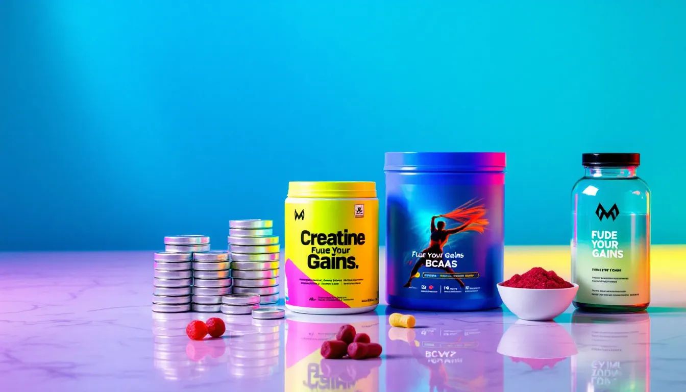 An assortment of pre workout supplements on a table.