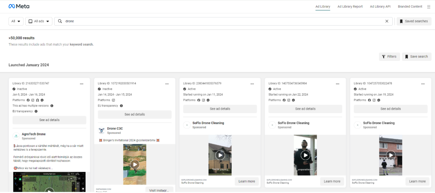 Screenshot of the Meta Ads library