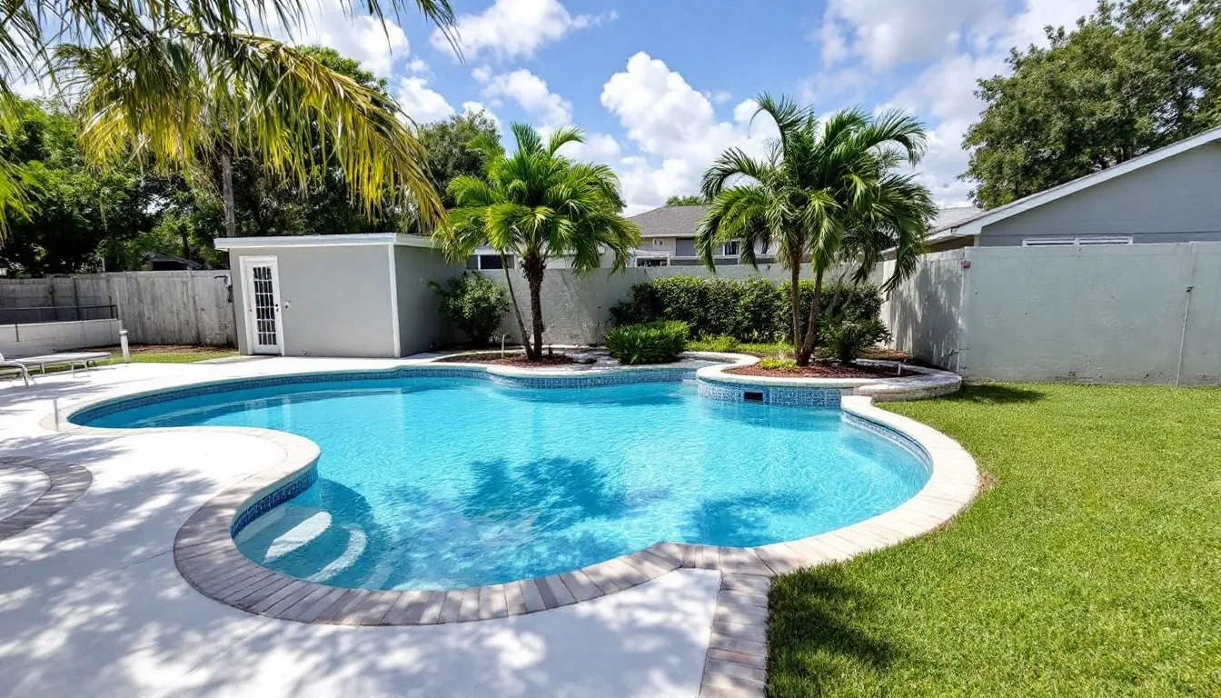 A vibrant fiberglass swimming pool in Florida showcases a beautiful finish, surrounded by a well-maintained yard and patio furniture, ideal for relaxation and enjoyment. This image highlights the smooth surface of the pool, emphasizing the quality of installation by professional Ocala pool builders.