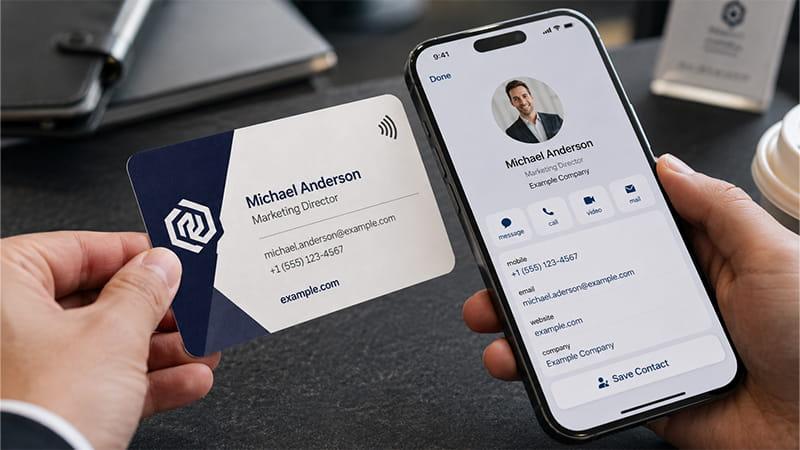 NFC business card opening a digital contact profile on a smartphone