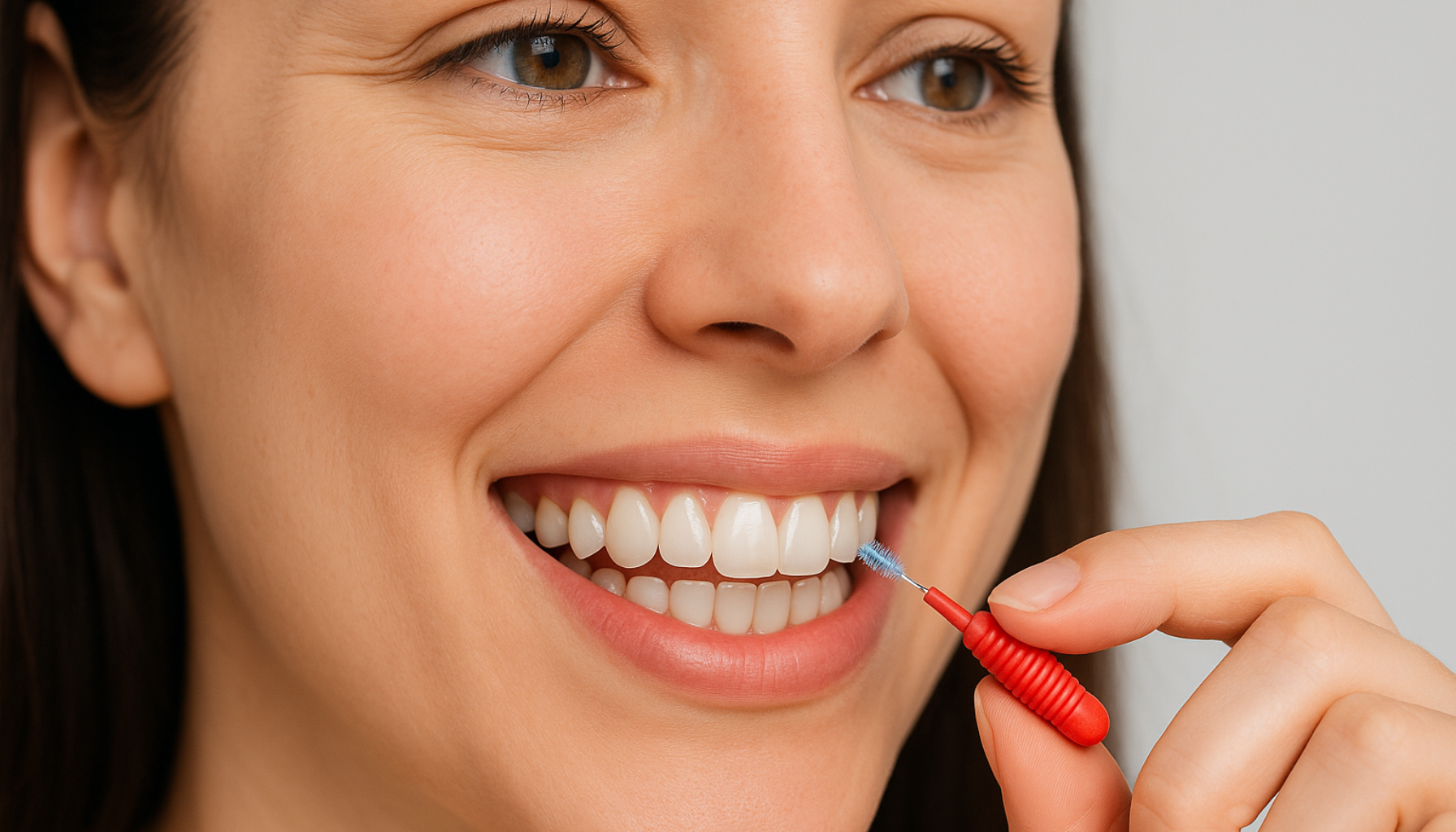 Kvinne smiler mens hun rengjør mellomrommene mellom tennene med en liten rød mellomromsbørste.