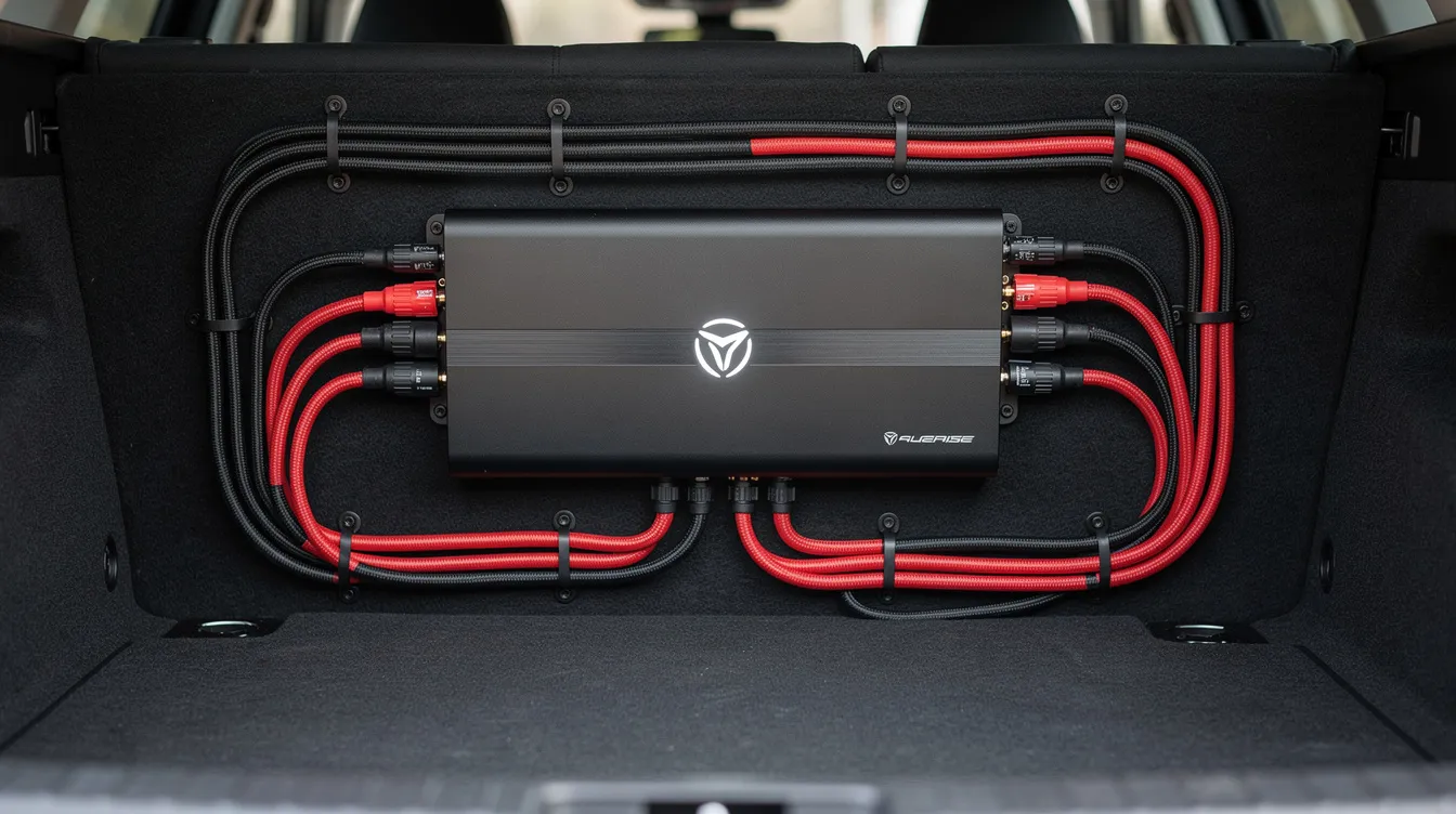 The image shows a car audio amplifier neatly mounted with organized wiring, including RCA cables and speaker wires, ensuring a clean and professional installation. The setup appears ready for sound output, with all connections securely in place for optimal performance.