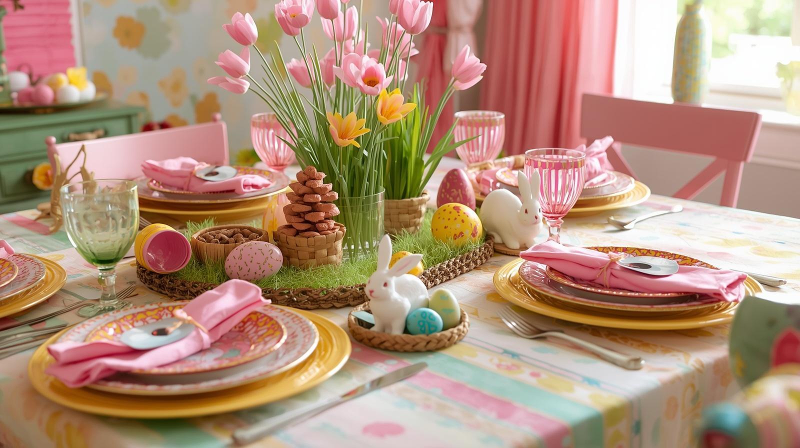 Stunning spring easter table decor with pink, green and yellow flowers and decor