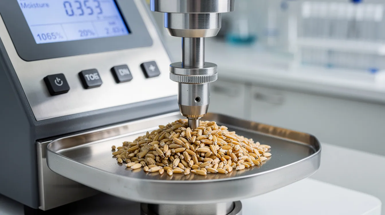 aa559c61 3bbd 4d99 a214 009e5b1c2696 The image depicts a close-up view of industrial grain moisture testing equipment in a laboratory, as it is used to assess the moisture content of a wheat sample. This process is essential for maintaining grain quality and preventing spoilage in grain storage solutions.