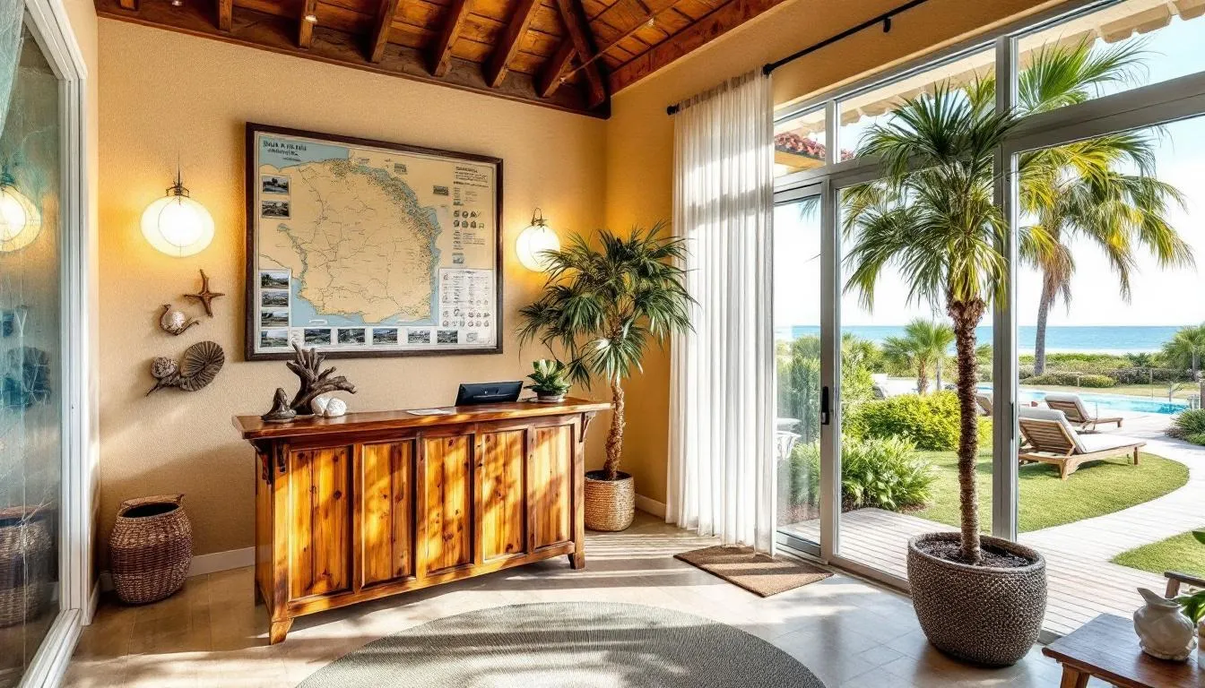 The image showcases a local real estate office designed with Sanibel Island coastal architecture, featuring bright and inviting colors that reflect the island's relaxed atmosphere. This elegant space emphasizes the idyllic island lifestyle, making it a perfect hub for those interested in Sanibel Island homes and the surrounding community.
