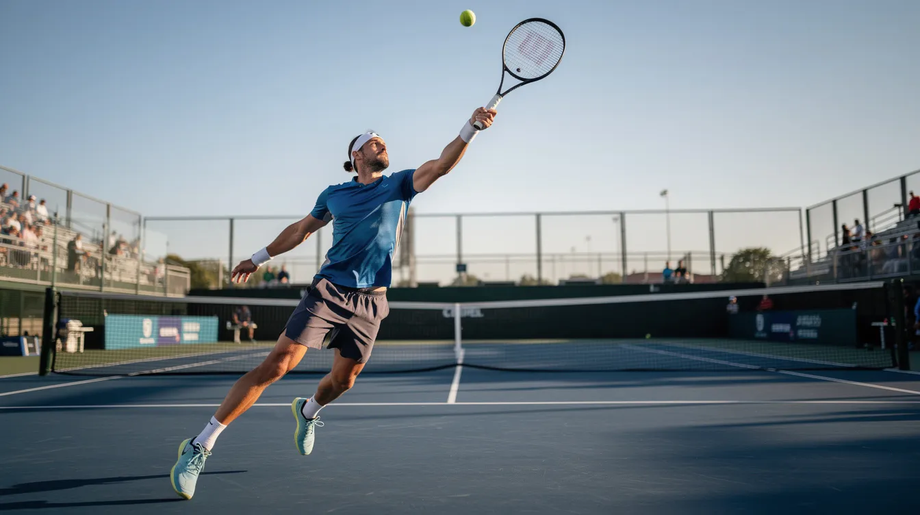 A tennis player is captured mid-serve at full extension on an outdoor hard court, with the tennis ball positioned above their head, demonstrating the trophy position essential for executing a great kick serve. Their body is poised with the left foot forward, emphasizing the upward swing path and shoulder rotation required to create effective topspin.