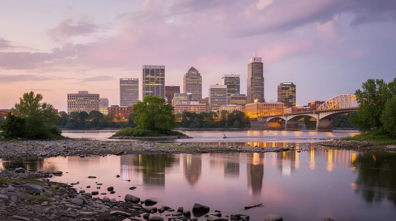 The image depicts the downtown Richmond, Virginia skyline with modern buildings towering over the James River in the foreground, creating a picturesque urban landscape. This vibrant scene reflects the city's dynamic atmosphere, where experienced personal injury attorneys work to provide legal assistance for personal injury claims and ensure clients secure maximum compensation.
