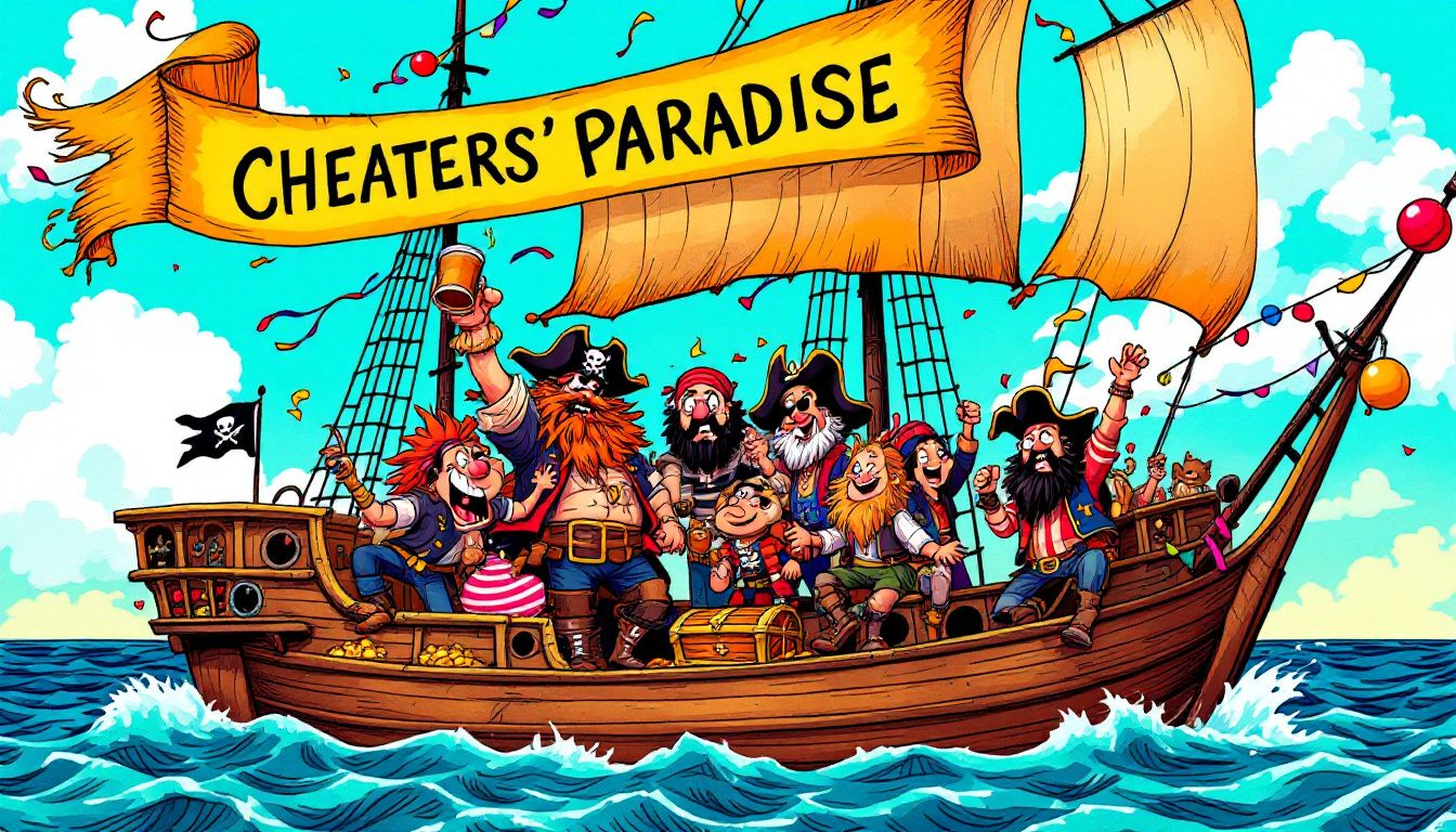A group of pirates celebrating their victory on a ship, showcasing the benefits of using cheats.
