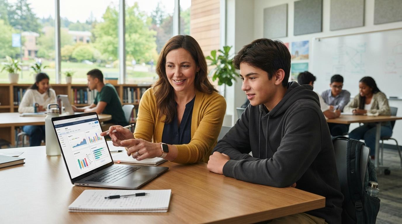 Teacher and student reviewing AI-powered learning progress together on a laptop in a modern classroom, collaborative educational environment.