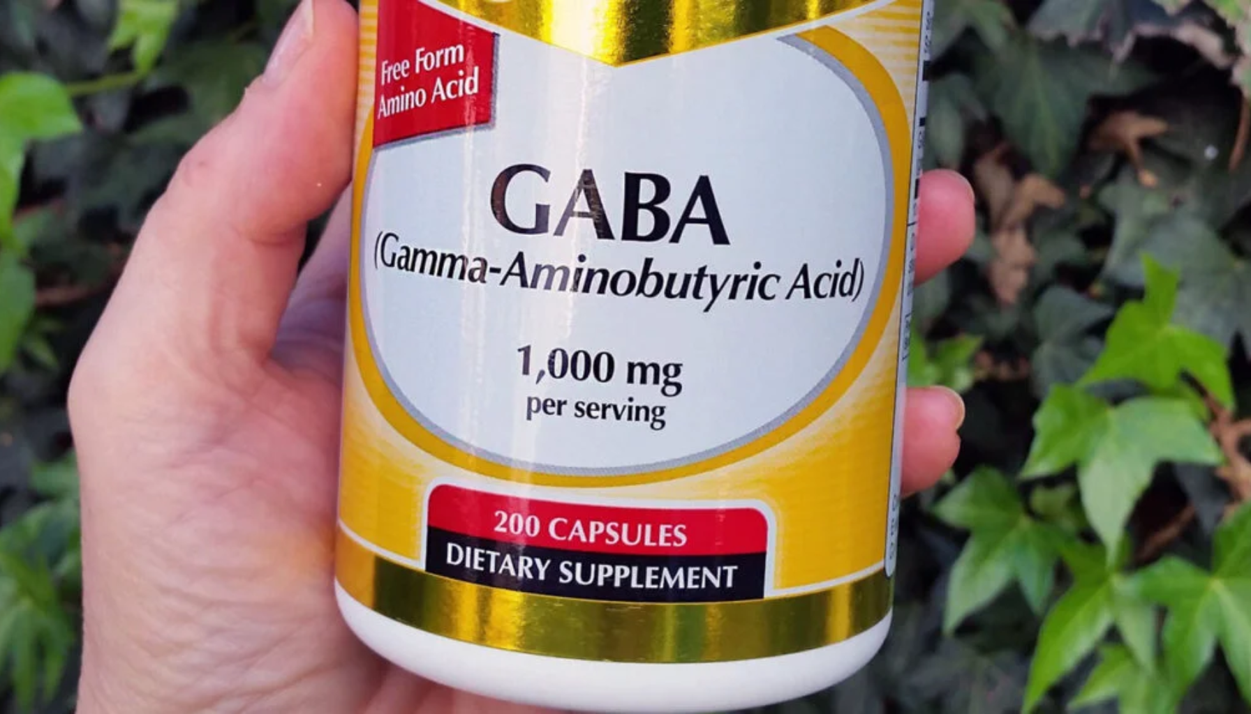 Bildet viser et kosttilskudd med GABA (Gamma-Aminosmørsyre / Gamma-Aminobutyric Acid).
