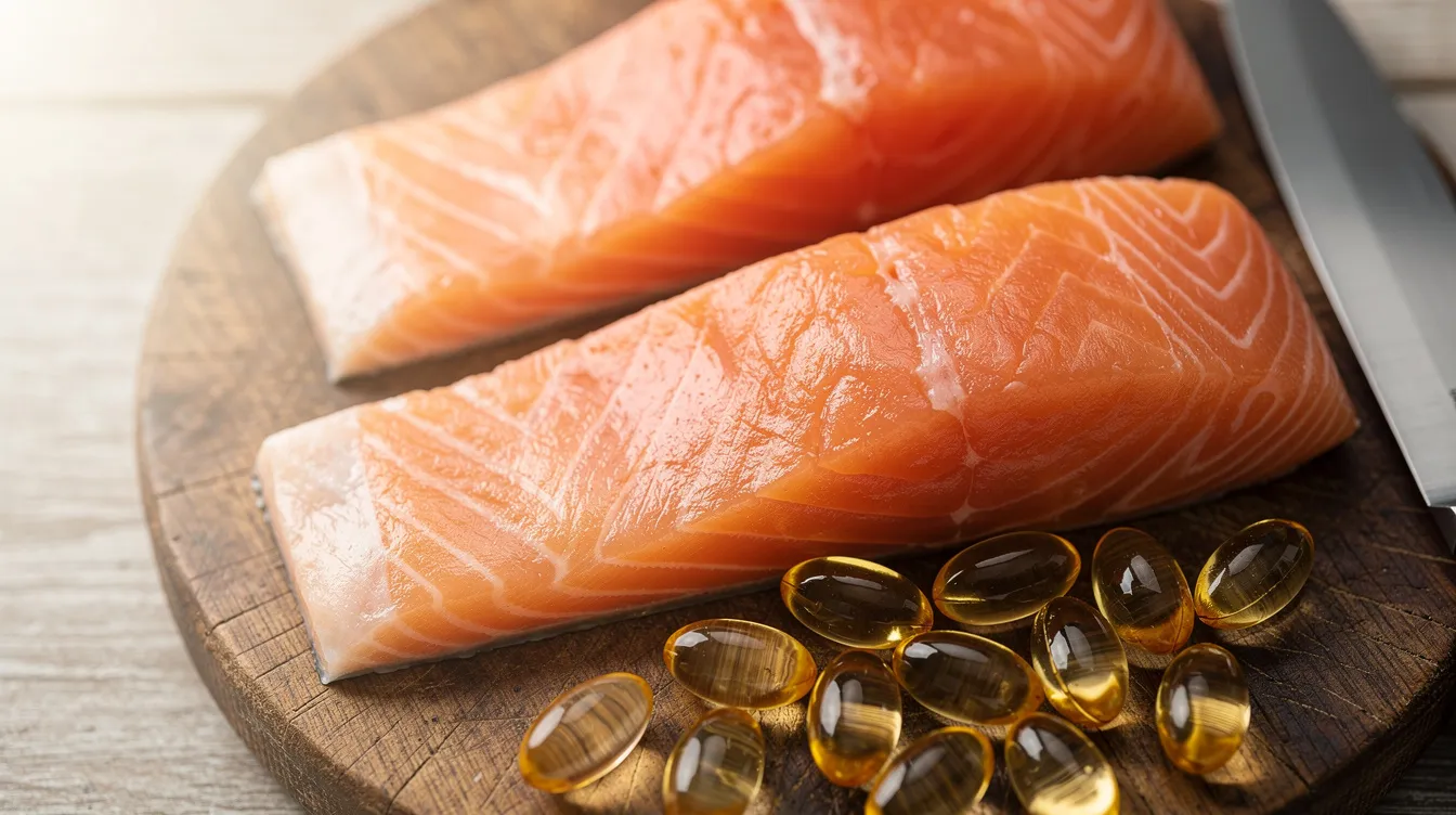 The image features fresh salmon fillets, known for their rich omega 3 fatty acids, placed next to fish oil supplement capsules on a rustic wooden cutting board. This visually emphasizes the health benefits of incorporating fatty fish and dietary supplements into a balanced diet for cardiovascular health.