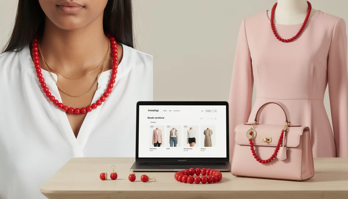 The image features a chic red beads necklace prominently displayed, showcasing its vibrant colour and stylish design. Surrounding the necklace are examples of potential outfit pairings, including a crisp white top and a soft pink dress, emphasising how the necklace can add a bold pop to any jewellery collection.
