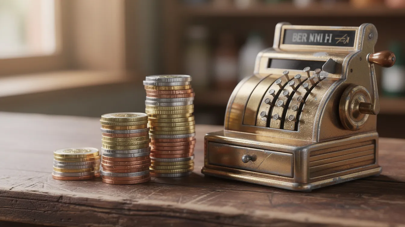 A stack of coins is placed next to a small cash register on a wooden counter, symbolizing the cash flow and daily credit card sales that small business owners rely on for their operations. This scene reflects the importance of business financing options, such as merchant cash advances, that provide quick access to capital needed for growth.