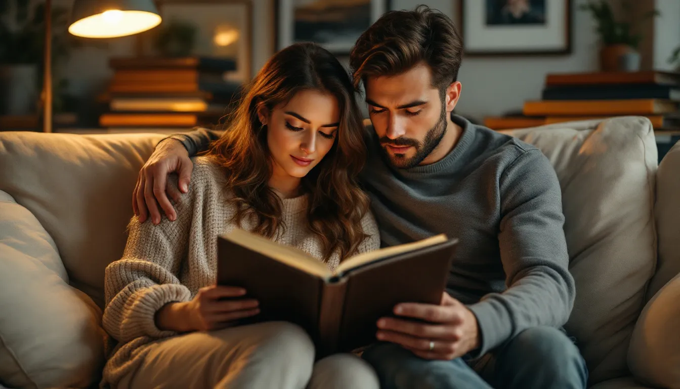 Couple reviewing portfolios of wedding photographers.