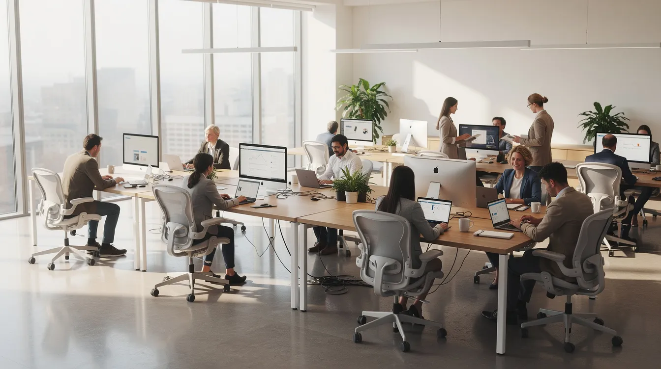 The image depicts an open-plan office filled with natural light from large windows, where employees are comfortably working at their desks. This bright and inviting space emphasizes the importance of comfort and energy efficiency, showcasing how effective window film can help reduce heat and block harmful UV rays while allowing visible light to illuminate the room.