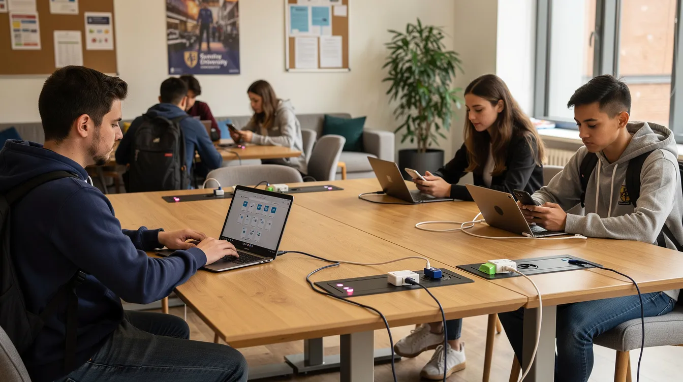 The image depicts a university student lounge featuring several open charging stations on tables, where students are comfortably seated nearby, actively using their mobile devices. These charging stations provide a convenient solution for students to charge their phones and stay connected while enjoying the collaborative environment.