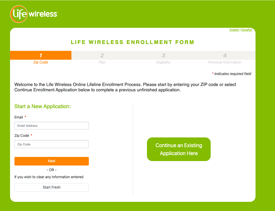 Life Wireless Enrollment form.