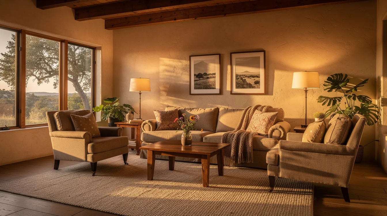 The image depicts a warm and inviting living room in a Hill Country home, filled with sunlight streaming through large windows, creating a cozy atmosphere for family members and caregivers to relax. The comfortable sitting area offers a perfect space for loved ones to connect and recharge, highlighting the importance of respite care services for those feeling overwhelmed by daily responsibilities.