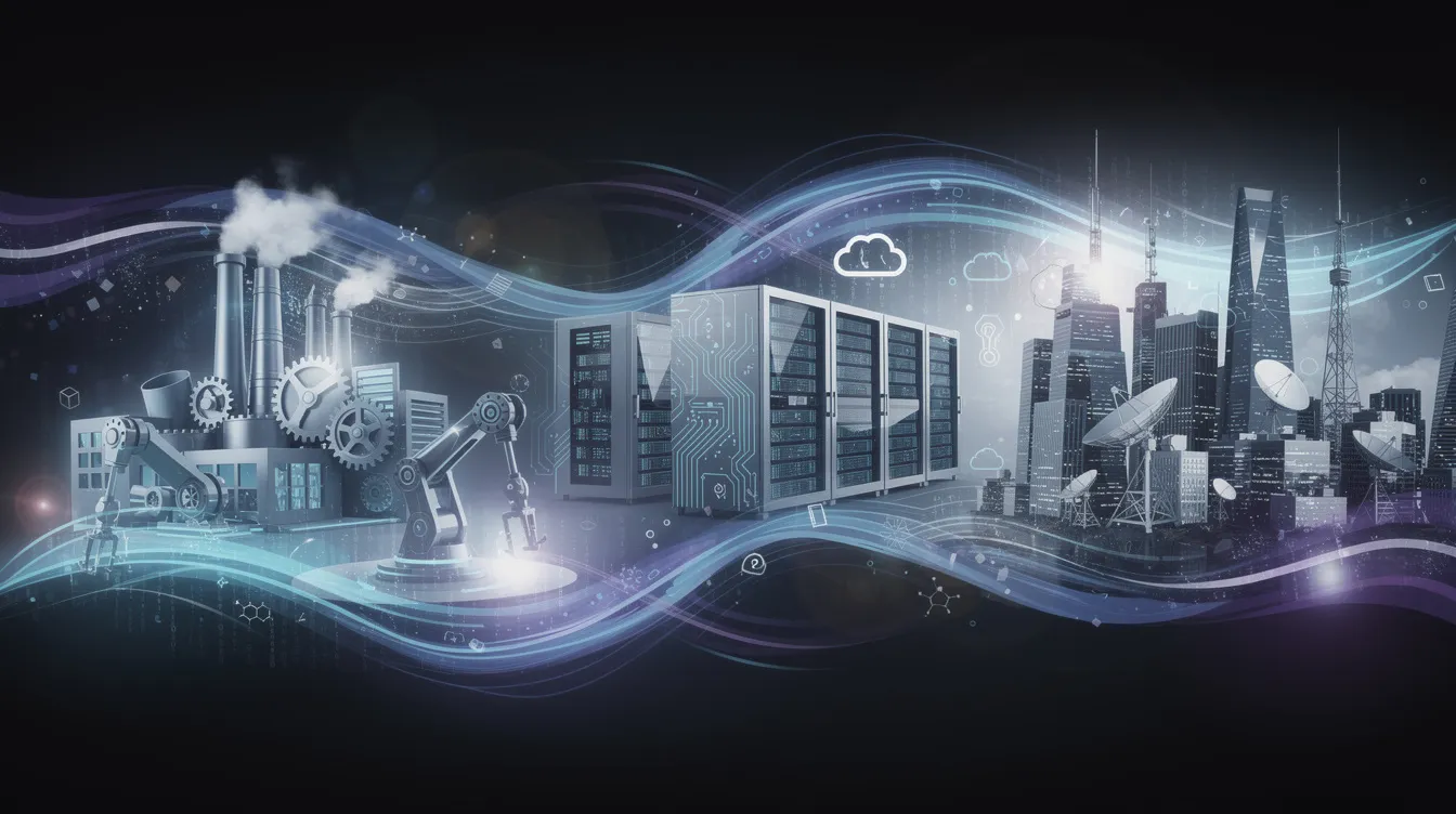 The abstract image features a blend of diverse industrial and digital scenes interconnected by flowing streams of light, symbolizing the synergy between machine learning models and data science applications. This visual representation highlights concepts such as neural networks and model training, illustrating the dynamic nature of deep learning frameworks and their impact on various sectors.