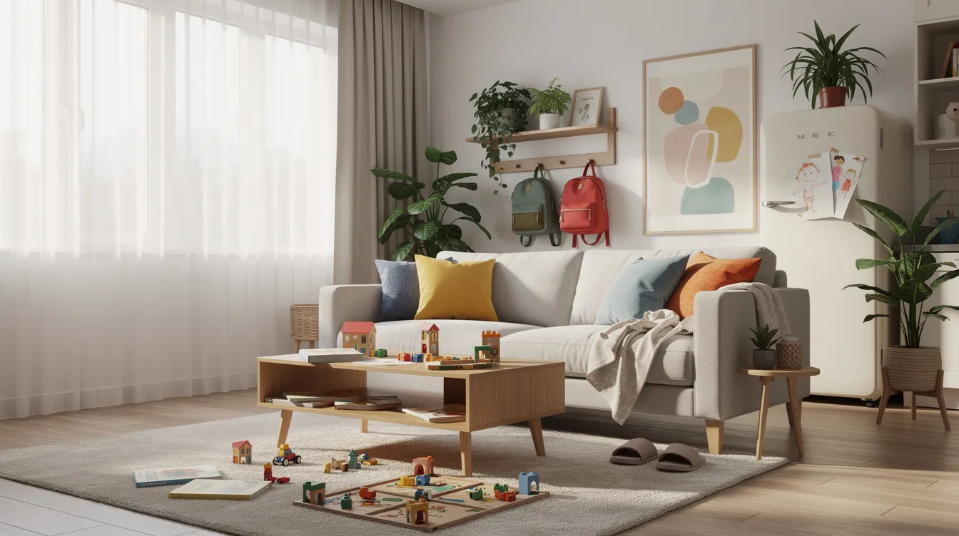Een lichte woonkamer met een gezellige sfeer, ingericht met comfortabele meubels en een speelhoek voor kinderen. Er zijn geen herkenbare personen zichtbaar, maar de ruimte straalt een warme gezinsdynamiek uit, wat doet denken aan de belangrijke rol van een gezin in het privéleven.