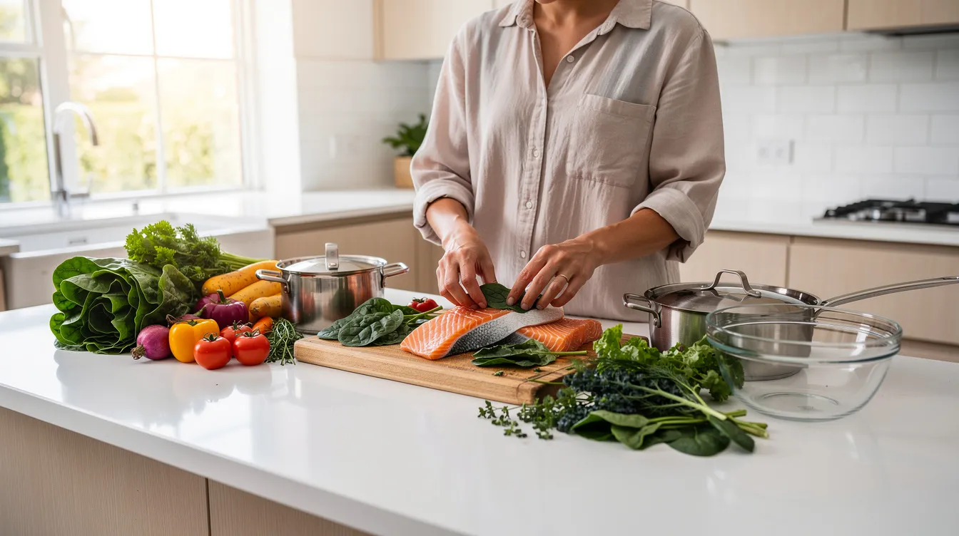 A person is preparing healthy food in a bright kitchen, featuring fresh fish and leafy greens, emphasizing a focus on nutrition and mental health. This scene reflects the importance of healthy eating in managing ADHD symptoms and supporting brain function.