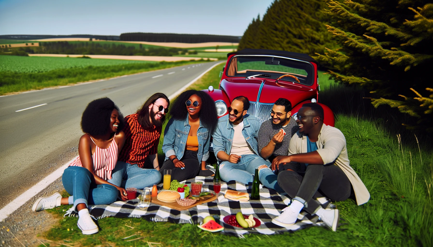 A group of friends enjoying a roadside picnic during a road trip