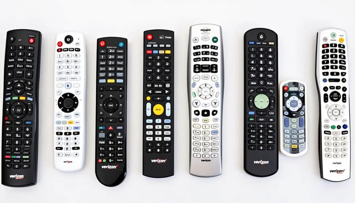 The image displays multiple Verizon remote models arranged side by side, showcasing their distinct button configurations, including features for voice control and navigation for Fios TV. Each remote is designed to facilitate remote programming for various TV brands, highlighting the versatility of Verizon's remote controls.