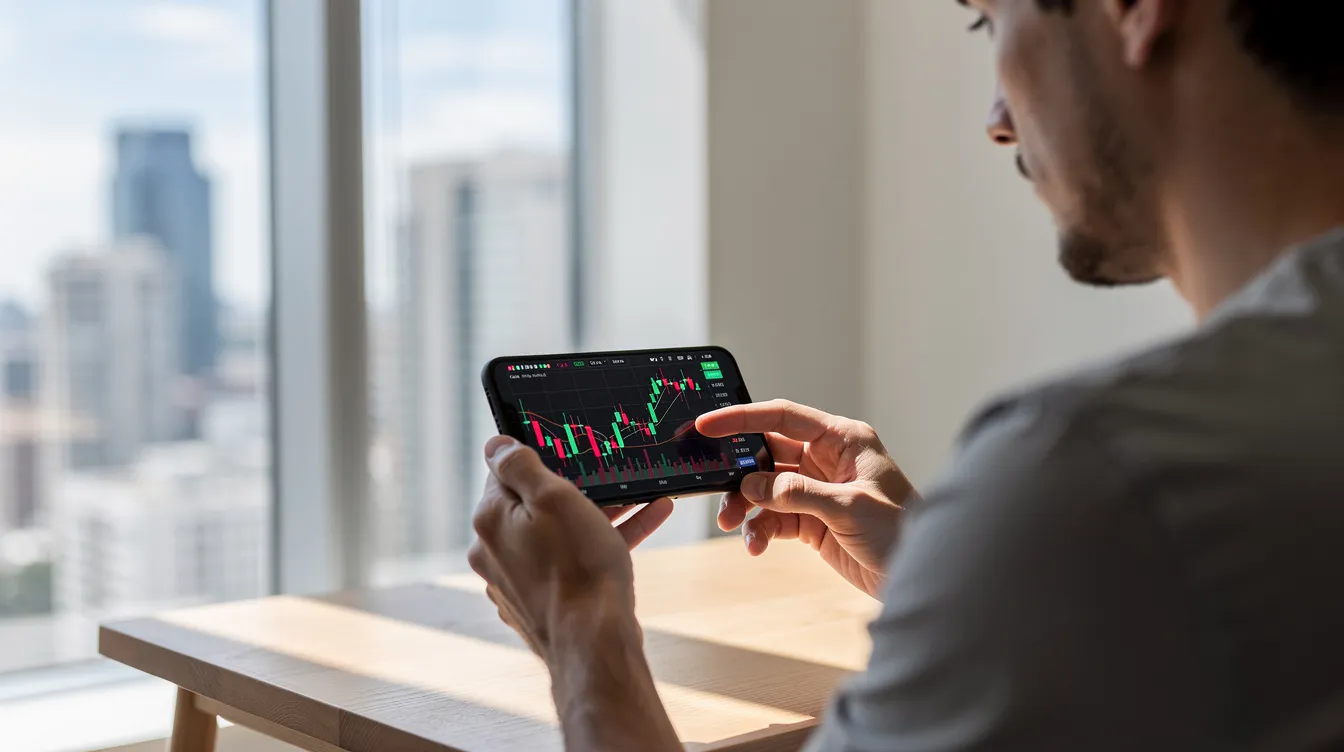 A person is reviewing stock charts on a smartphone while sitting near a window, utilizing financial data and analysis tools to make informed investment decisions. This scene highlights the importance of portfolio tracking and stock analysis for retail investors aiming to understand a company's fundamentals and valuation analysis.