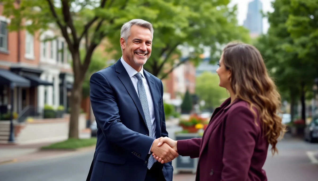 An attorney is shaking hands with a satisfied client against a scenic backdrop of Durham, North Carolina, symbolizing a successful legal partnership. This moment reflects their commitment to providing legal services for clients facing challenges such as probation violations in federal courts.