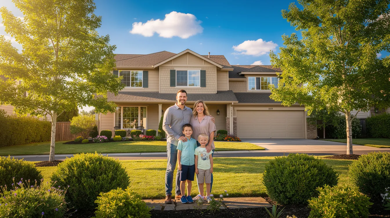 A smiling family stands together in front of their well-maintained suburban home, surrounded by lush green grass and trees on a sunny day. This image highlights the importance of homeowners considering flood insurance, especially in high-risk flood areas, to protect their property from potential flood damage.