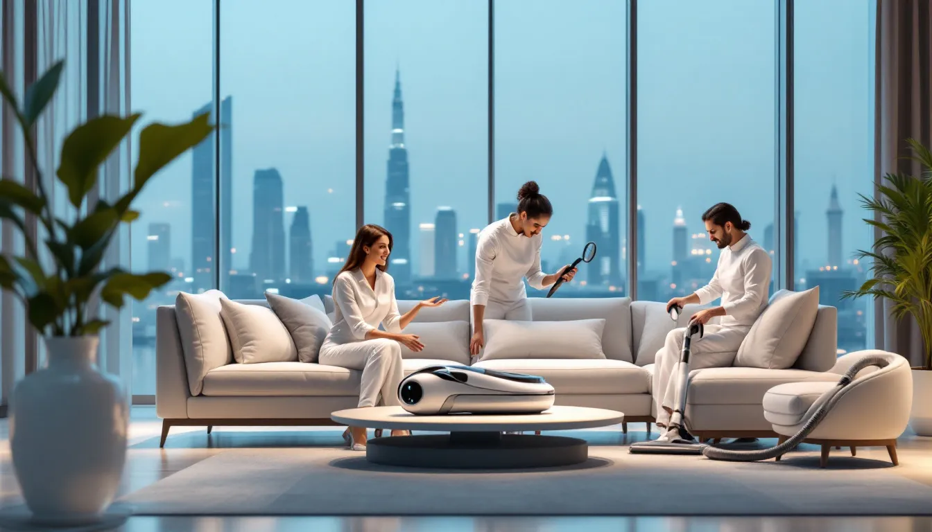 A team of professionals discussing sofa cleaning services in Abu Dhabi.