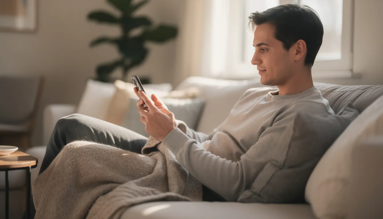 A person is sitting comfortably at home, holding a smartphone and appearing engaged with the content on the screen. The cozy setting suggests a relaxed atmosphere, perfect for understanding information during the December season.