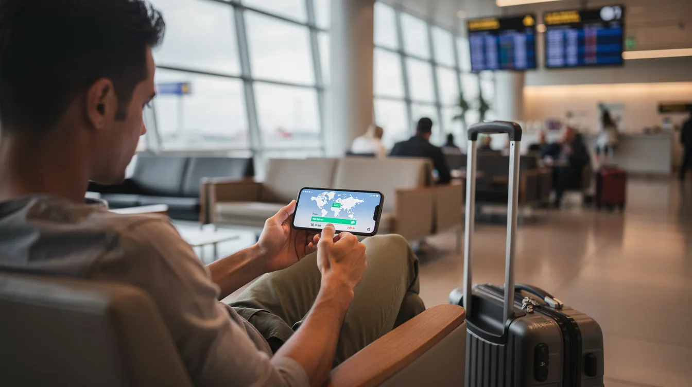 A traveler is seated in an airport lounge, using a smartphone app to initiate an international money transfer, showcasing the convenience of digital payments and contactless payment solutions. The scene highlights modern payment technology as the individual navigates through the app, illustrating the ease of sending money across borders.