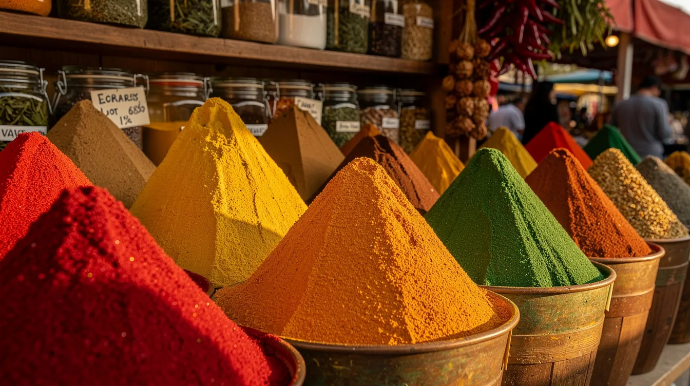 A vibrant market stall showcases an array of colorful spices arranged in traditional cone-shaped piles, reflecting the rich culinary heritage of Morocco. This scene captures the essence of Moroccan culture, inviting visitors to explore the country's incredible food and everyday life.