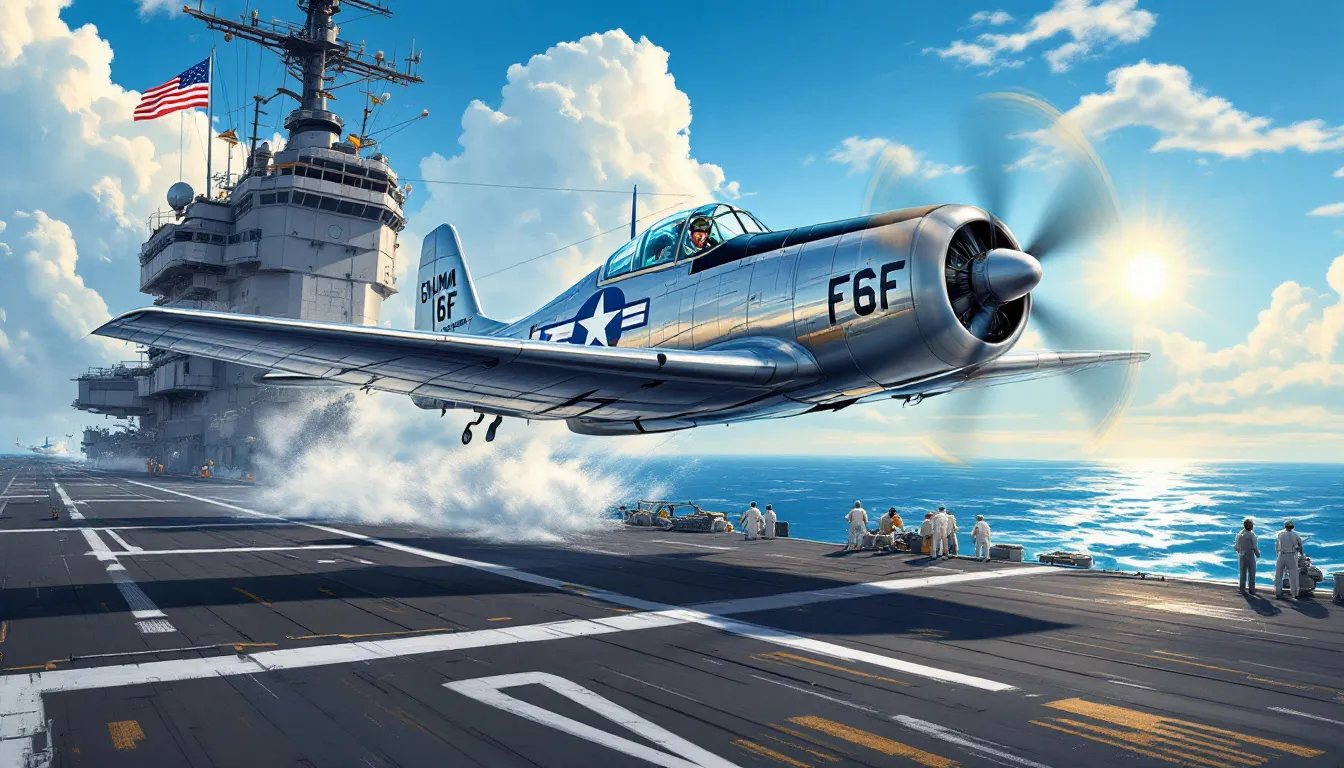 F6F Hellcat landing on an aircraft carrier deck.